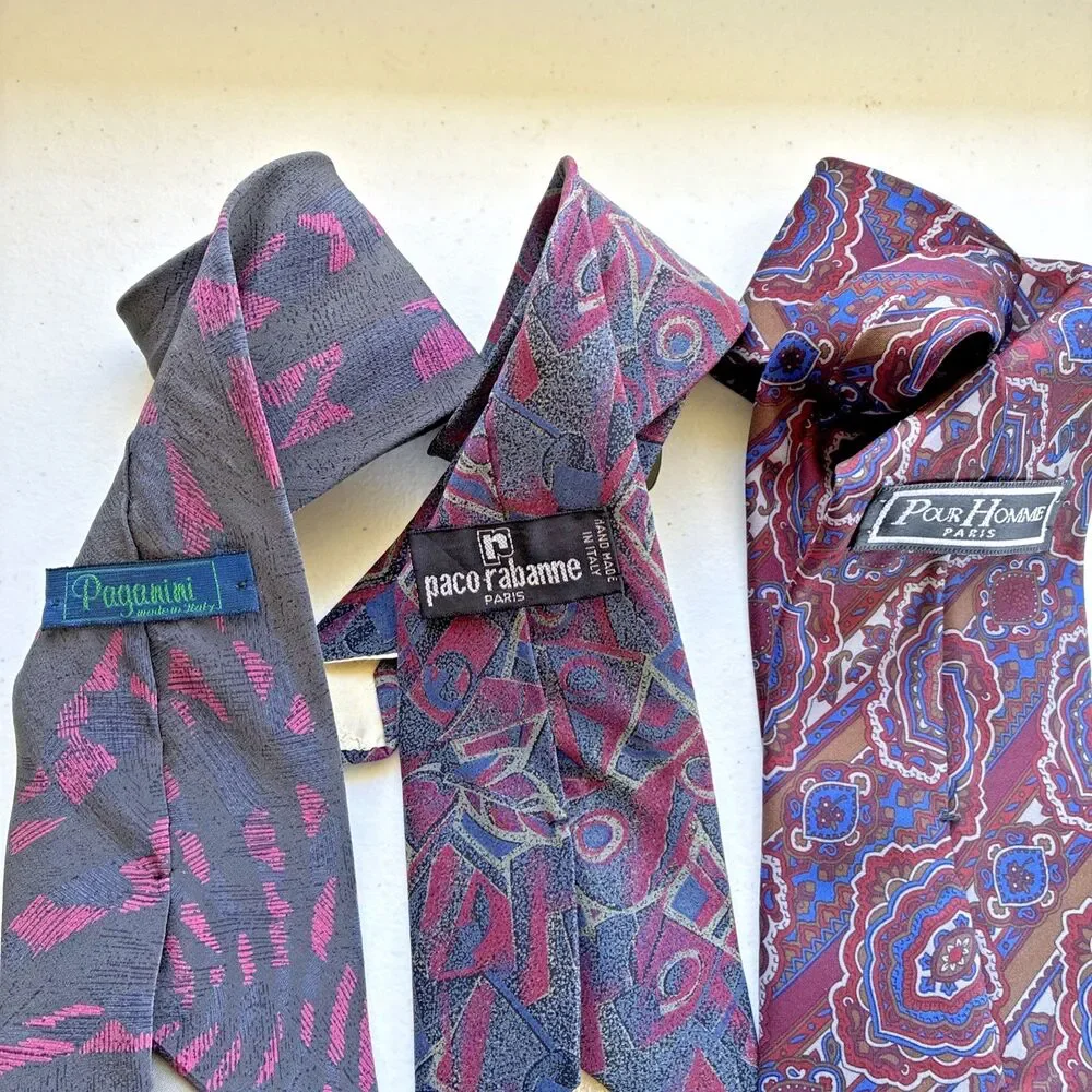 3-Tie Bundle Bold Retro Paisley & Geometric Prints 100% Silk Italy Paris Labels